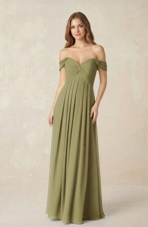 Moss Green Off-the-Shoulder A-Line Chiffon Pleated Bridesmaid Dress | KISSBRIDAL