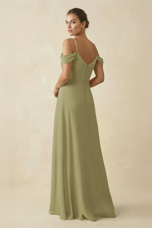 Moss Green Off-the-Shoulder A-Line Pleated Chiffon Bridesmaid Gown (2) | KISSBRIDAL