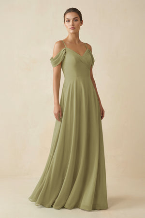Moss Green Off-the-Shoulder A-Line Pleated Chiffon Bridesmaid Gown | KISSBRIDAL