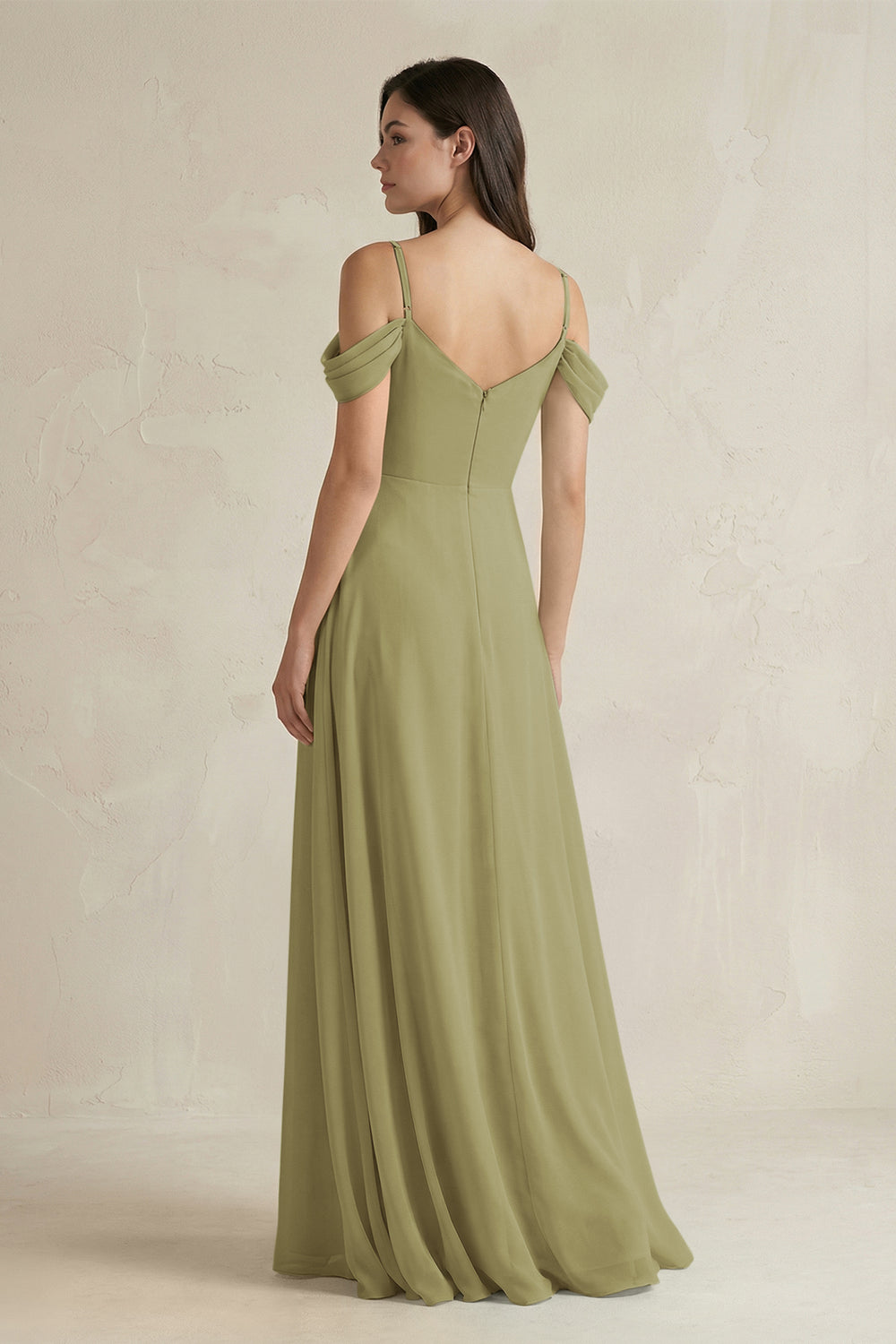 Off-the-Shoulder Chiffon A-Line Bridesmaid Dress in Moss Green
