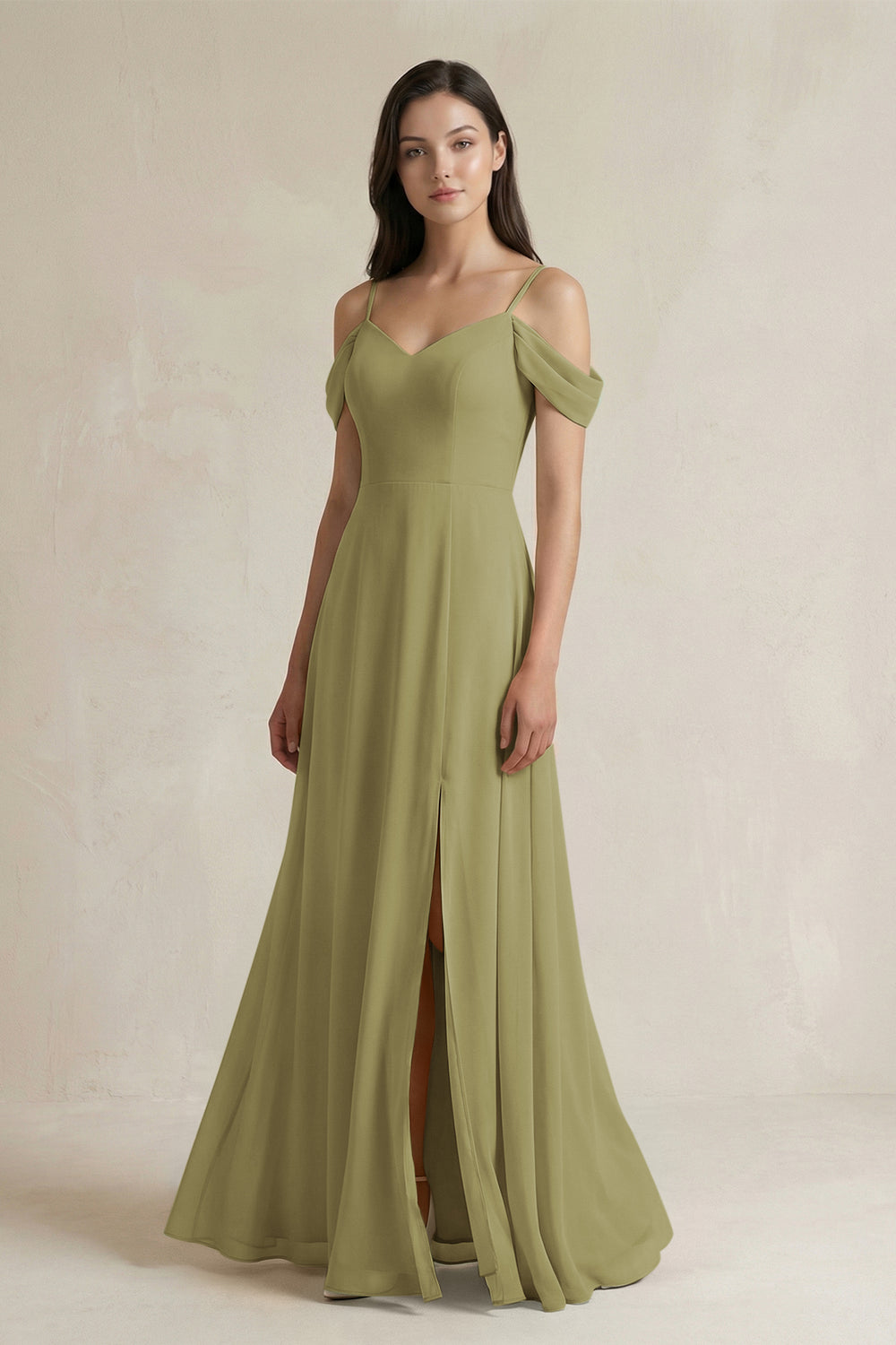 Off-the-Shoulder Chiffon A-Line Bridesmaid Dress in Moss Green