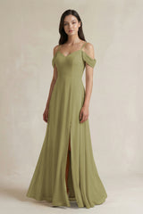 Moss Green Off-the-Shoulder Chiffon A-Line Bridesmaid Dress | KISSBRIDAL