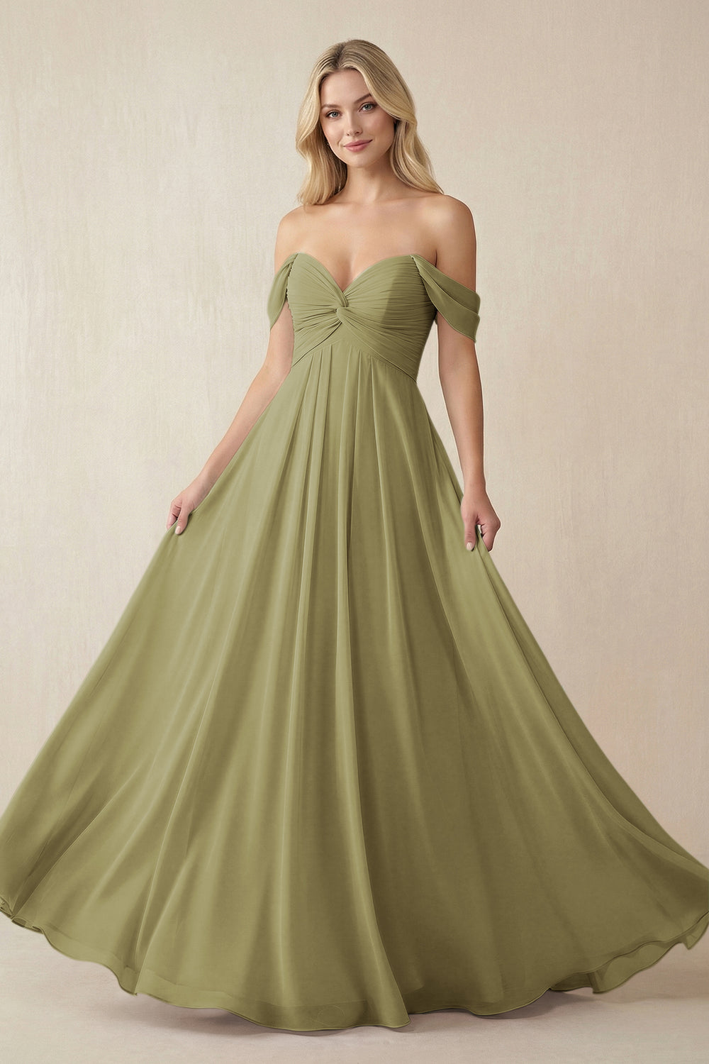 Off-the-Shoulder Chiffon A-Line Long Bridesmaid Dress in Moss Green