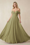 Moss Green Off-the-Shoulder Chiffon A-Line Long Bridesmaid Dress | KISSBRIDAL