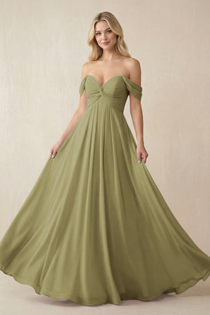 Moss Green Off-the-Shoulder Chiffon A-Line Long Bridesmaid Dress | KISSBRIDAL