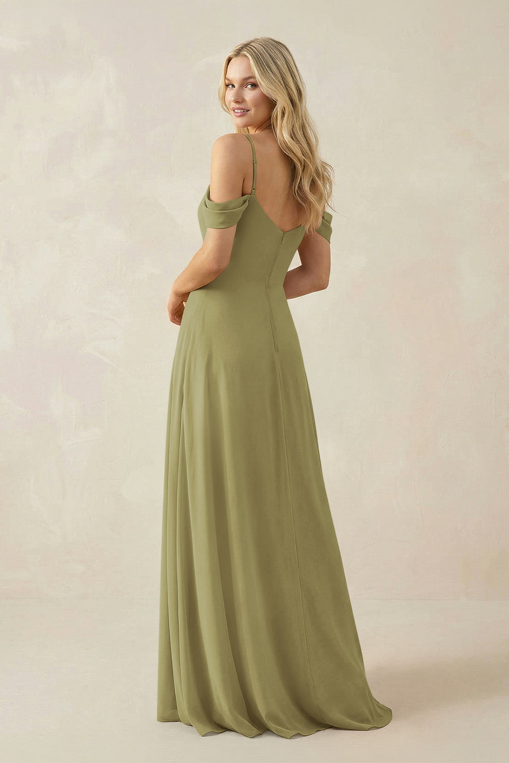 Off-the-Shoulder Chiffon A-Line Maxi Bridesmaid Dress in Moss Green