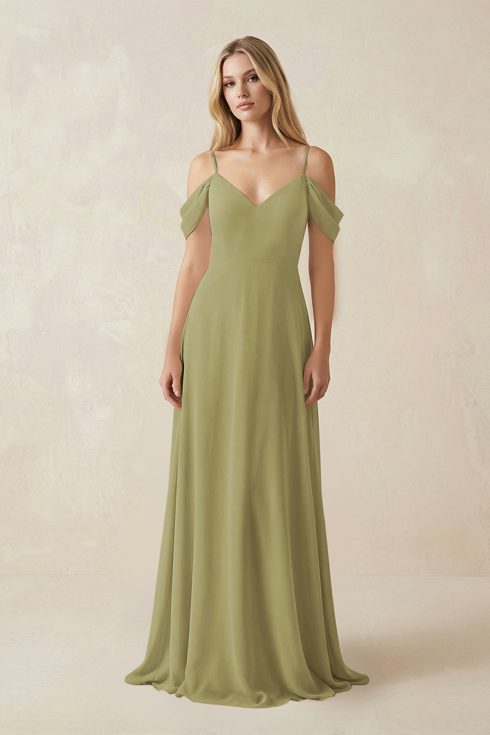 Off-the-Shoulder Chiffon A-Line Maxi Bridesmaid Dress in Moss Green
