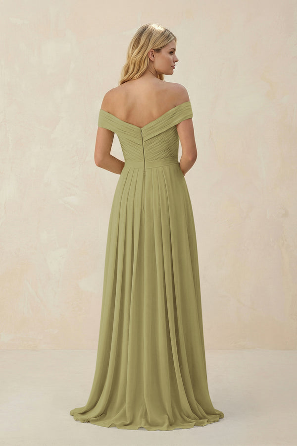 Moss Green Off-the-Shoulder Pleated A-Line Chiffon Bridesmaid Dress (2) | KISSBRIDAL