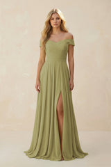 Moss Green Off-the-Shoulder Pleated A-Line Chiffon Bridesmaid Dress | KISSBRIDAL