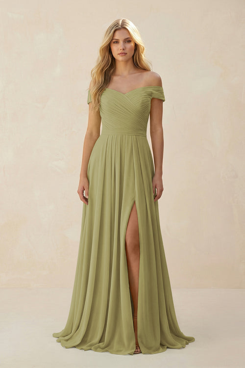 Moss Green Off-the-Shoulder Pleated A-Line Chiffon Bridesmaid Dress | KISSBRIDAL
