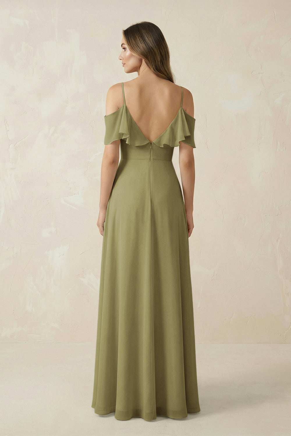 Off-the-Shoulder Ruffled A-Line Chiffon Bridesmaid Dress in Moss Green