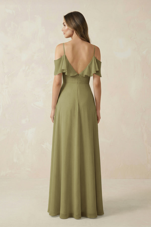 Moss Green Off-the-Shoulder Ruffled A-Line Chiffon Bridesmaid Dress (2) | KISSBRIDAL
