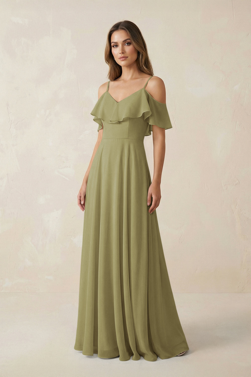 Off-the-Shoulder Ruffled A-Line Chiffon Bridesmaid Dress in Moss Green