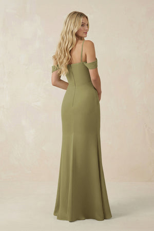 Moss Green Off-the-Shoulder Sheath Chiffon Ruched Bridesmaid Dress (2) | KISSBRIDAL