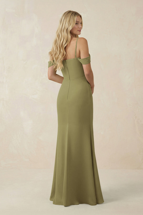 Moss Green Off-the-Shoulder Sheath Chiffon Ruched Bridesmaid Dress (2) | KISSBRIDAL