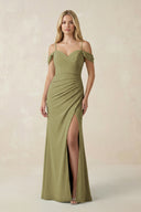 Moss Green Off-the-Shoulder Sheath Chiffon Ruched Bridesmaid Dress | KISSBRIDAL