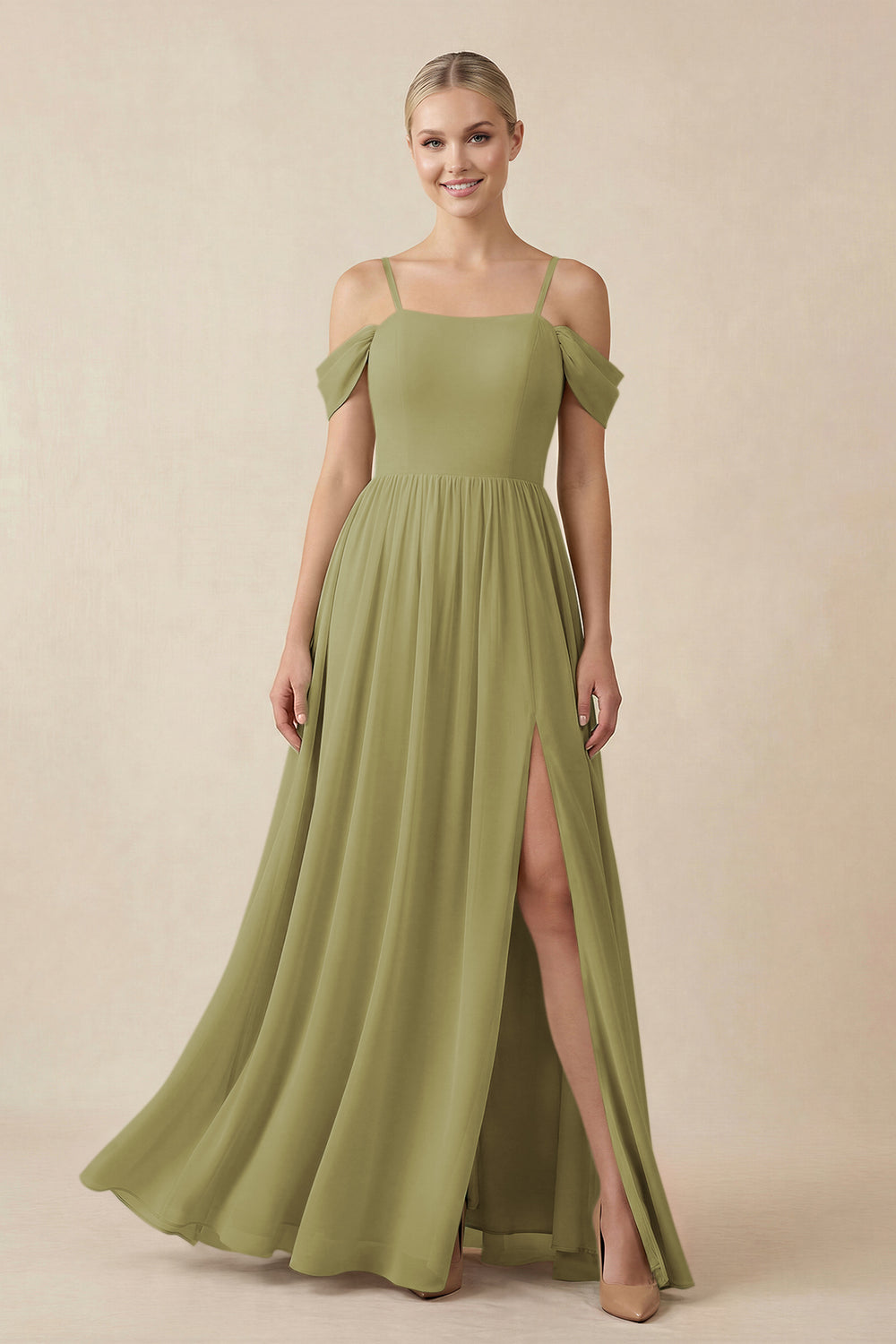 Off-the-Shoulder Sweetheart A-Line Chiffon Bridesmaid Dress in Moss Green