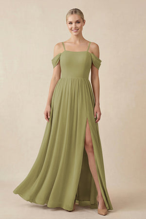 Moss Green Off-the-Shoulder Sweetheart A-Line Chiffon Bridesmaid Dress | KISSBRIDAL