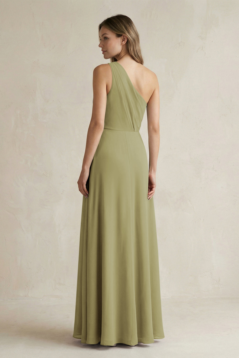 One-Shoulder Chiffon A-Line Bridesmaid Dress With Slit in Moss Green
