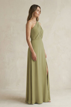 Moss Green One-Shoulder Chiffon A-Line Bridesmaid Dress With Slit (3) | KISSBRIDAL