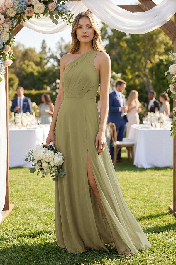 Moss Green One-Shoulder Chiffon A-Line Bridesmaid Dress With Slit (4) | KISSBRIDAL