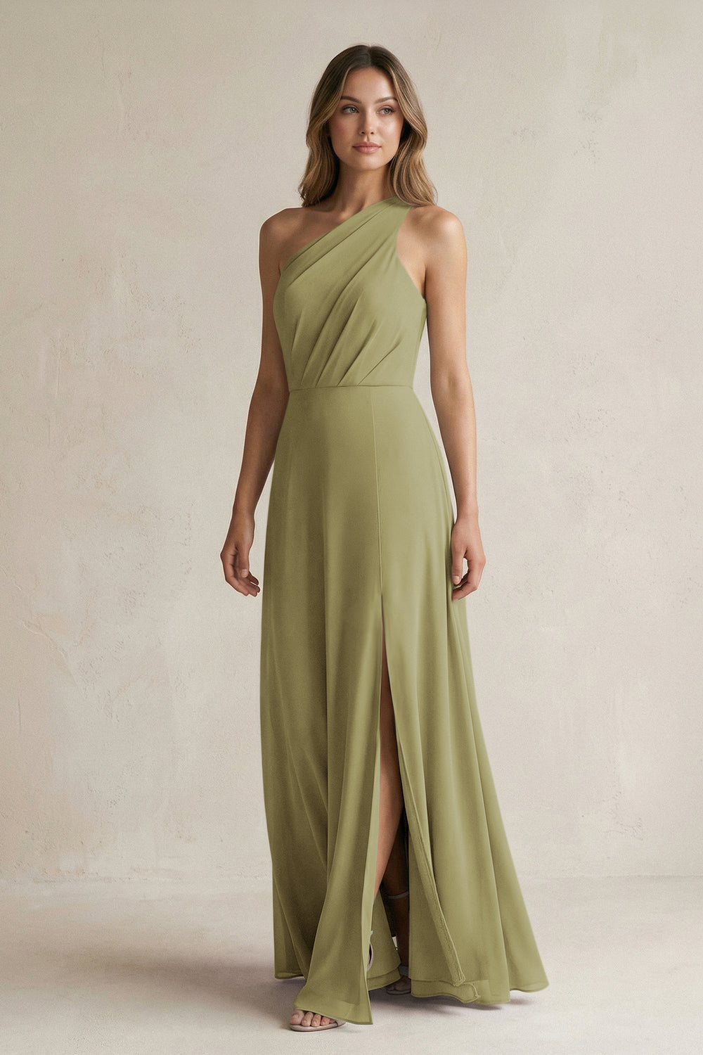 One-Shoulder Chiffon A-Line Bridesmaid Dress With Slit in Moss Green