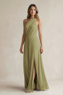 Moss Green One-Shoulder Chiffon A-Line Bridesmaid Dress With Slit | KISSBRIDAL
