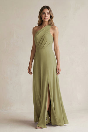 Moss Green One-Shoulder Chiffon A-Line Bridesmaid Dress With Slit | KISSBRIDAL