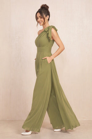 Moss Green One-Shoulder Chiffon Mother of the Bride Jumpsuits (3) | KISSBRIDAL