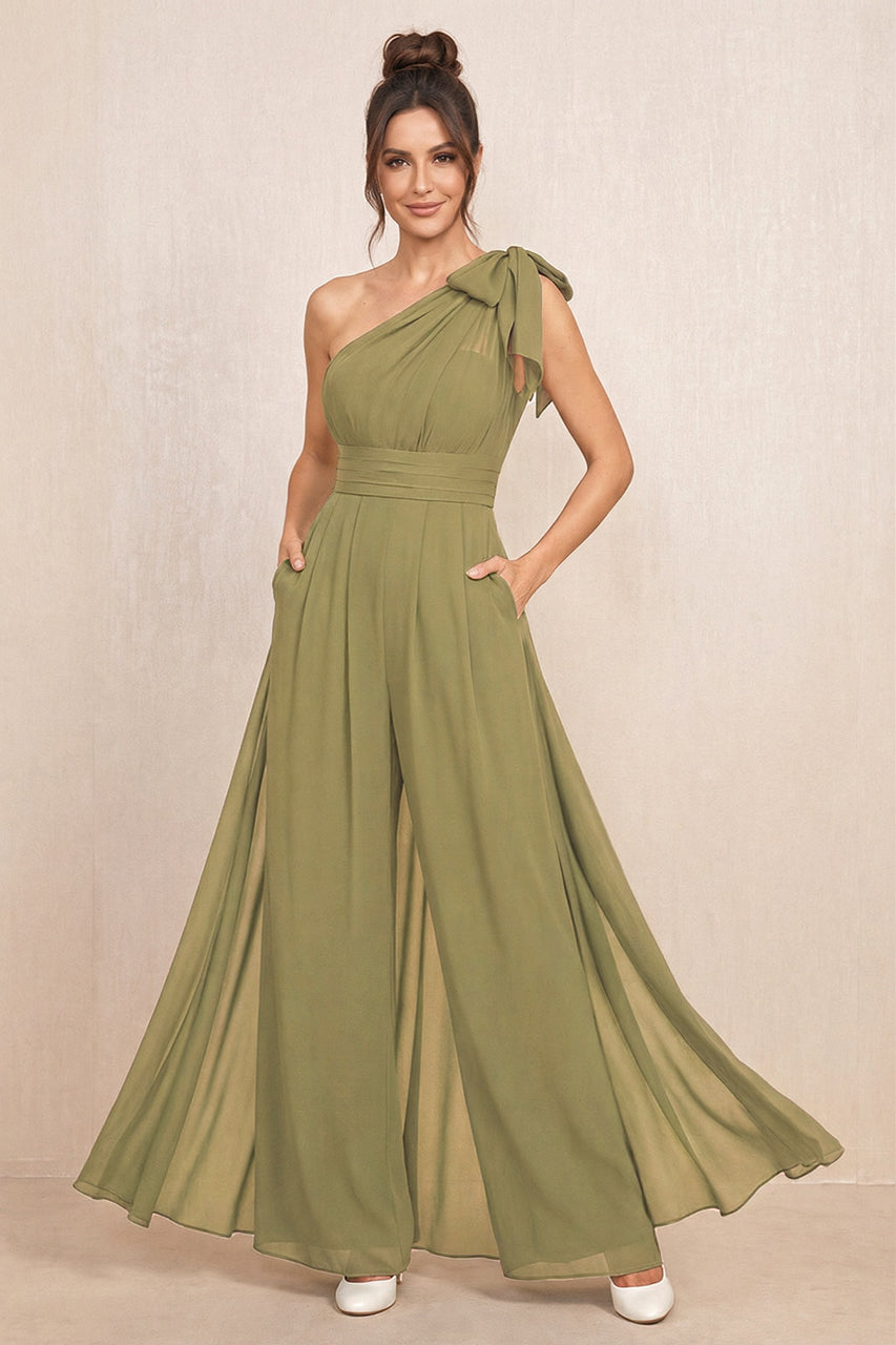 Moss Green One-Shoulder Chiffon Mother of the Bride Jumpsuits