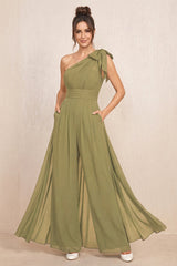 Moss Green One-Shoulder Chiffon Mother of the Bride Jumpsuits | KISSBRIDAL
