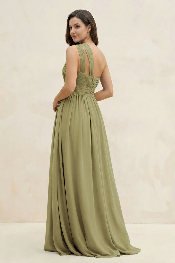 Moss Green One-Shoulder Pleated A-Line Chiffon Bridesmaid Dress (2) | KISSBRIDAL