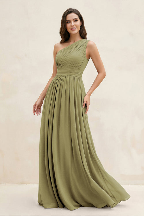 Moss Green One-Shoulder Pleated A-Line Chiffon Bridesmaid Dress | KISSBRIDAL