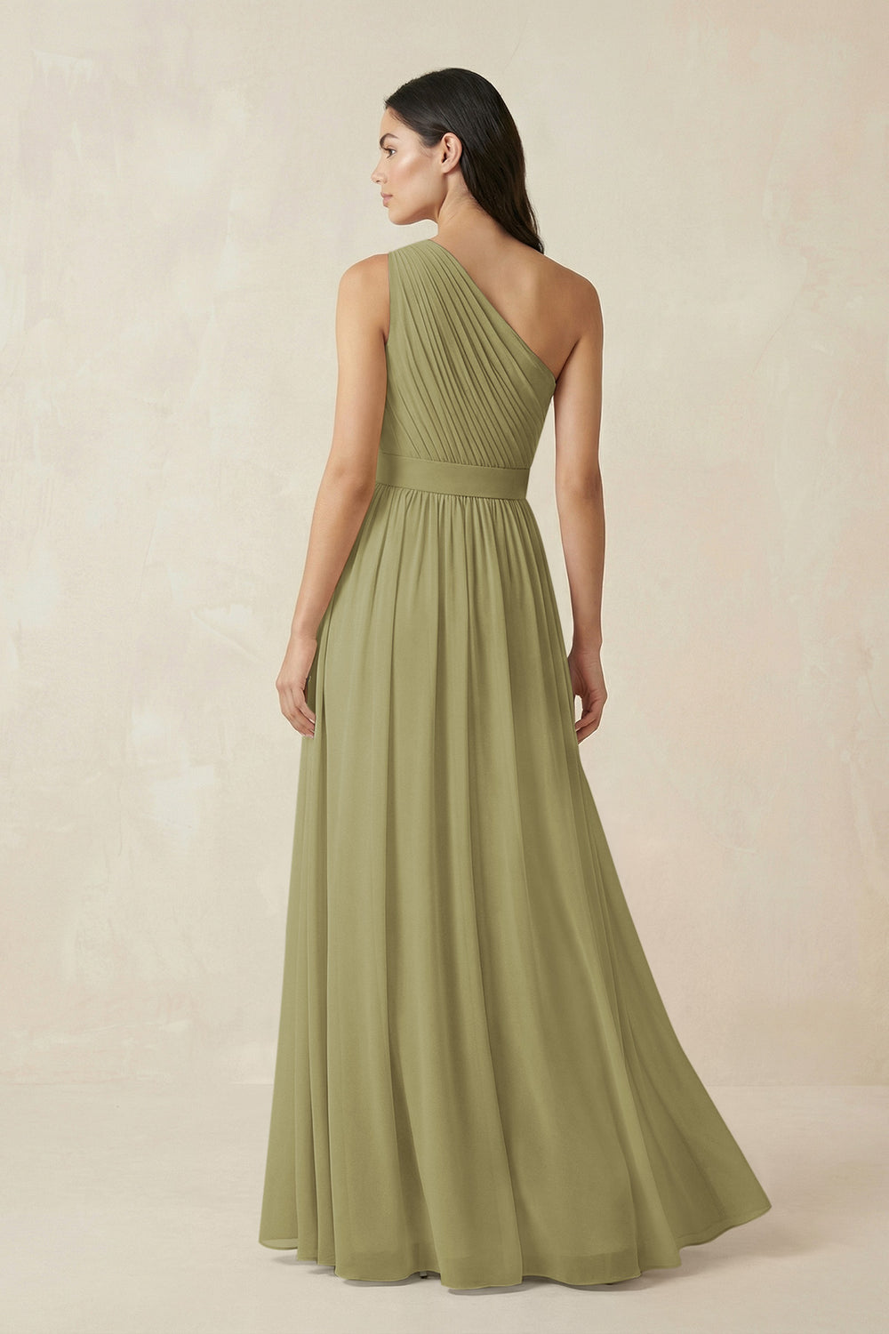 One-Shoulder Pleated Chiffon Bridesmaid Gown in Moss Green
