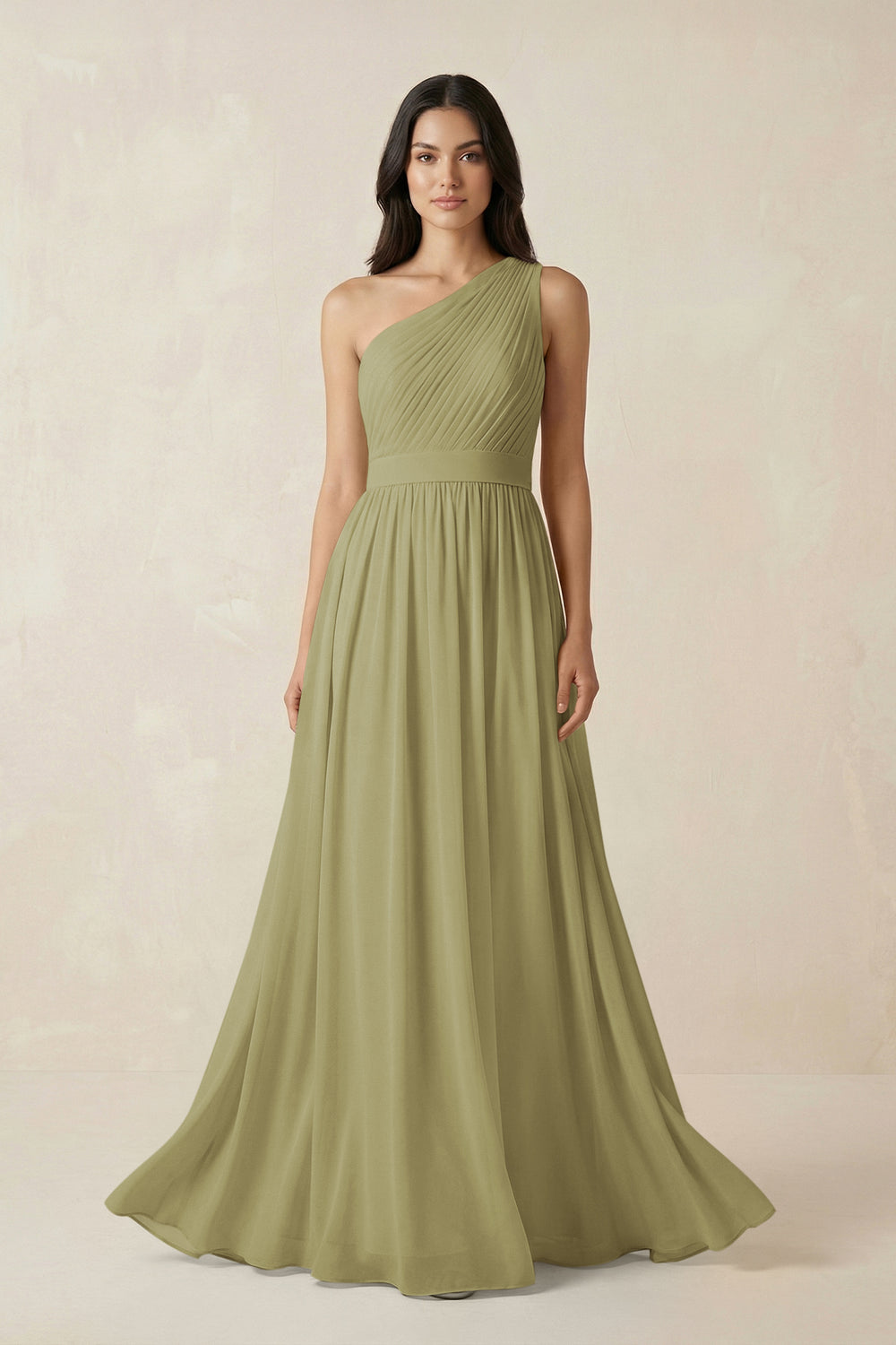 One-Shoulder Pleated Chiffon Bridesmaid Gown in Moss Green