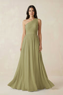 Moss Green One-Shoulder Pleated Chiffon Bridesmaid Gown | KISSBRIDAL