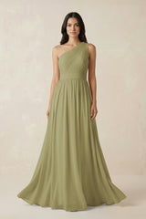 Moss Green One-Shoulder Pleated Chiffon Bridesmaid Gown | KISSBRIDAL
