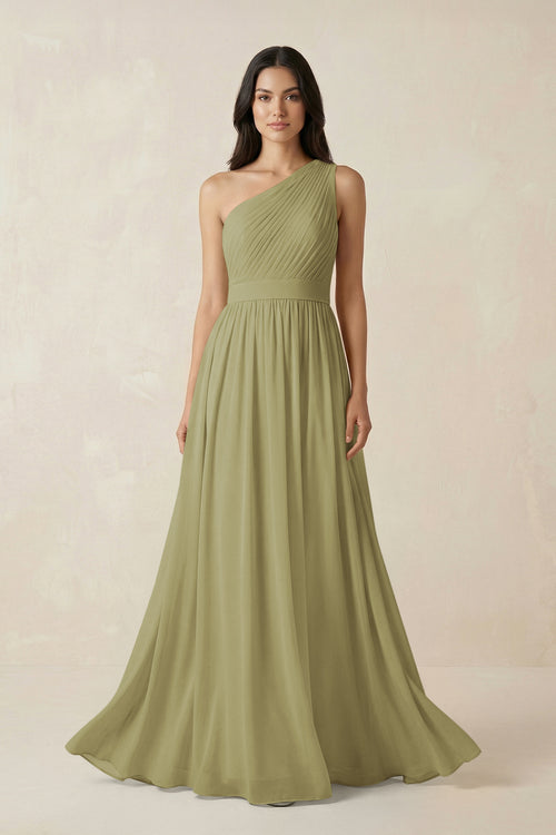 Moss Green One-Shoulder Pleated Chiffon Bridesmaid Gown | KISSBRIDAL