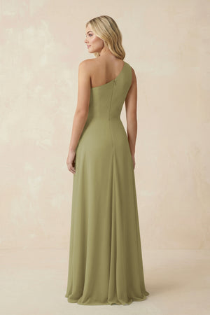 Moss Green One-Shoulder Ruched A-Line Chiffon Bridesmaid Dress (2) | KISSBRIDAL