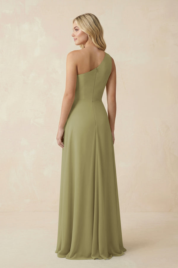 Moss Green One-Shoulder Ruched A-Line Chiffon Bridesmaid Dress (2) | KISSBRIDAL