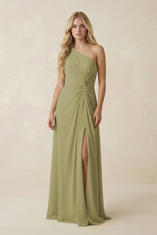 Moss Green One-Shoulder Ruched A-Line Chiffon Bridesmaid Dress | KISSBRIDAL