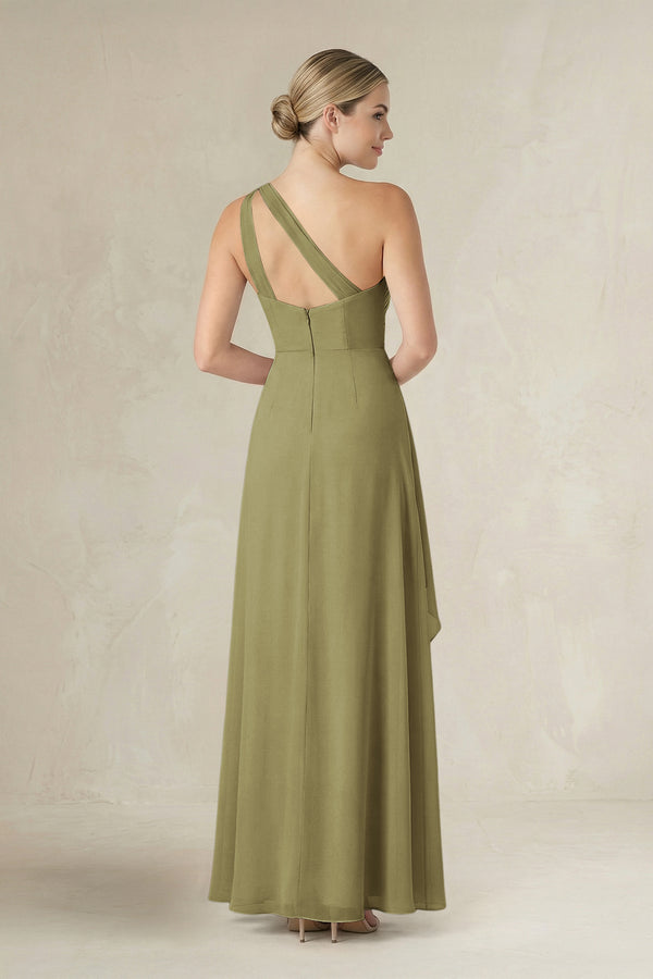 Moss Green One-Shoulder Sheath Ruched Ruffled Bridesmaid Dress in Moss Green (2) | KISSBRIDAL