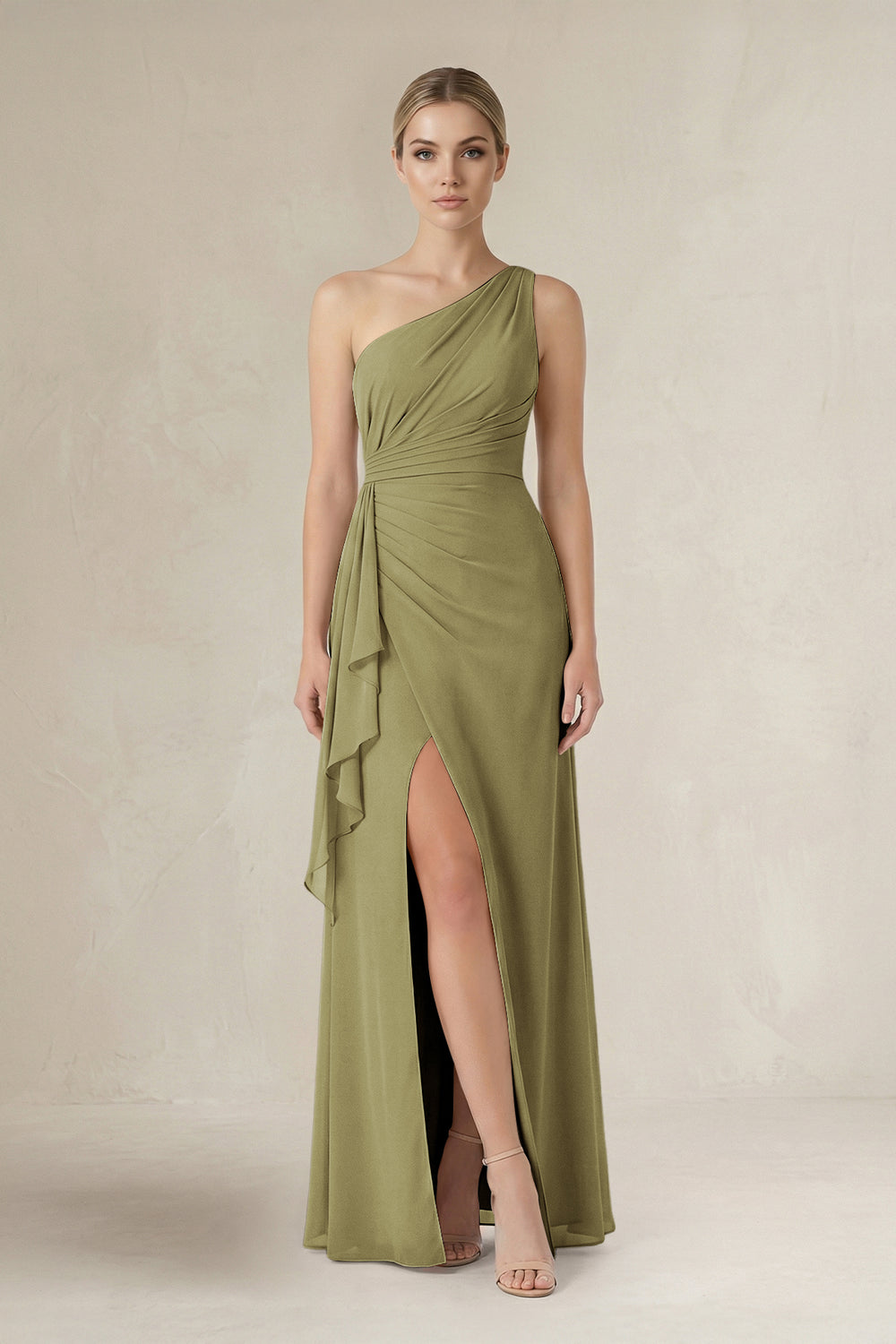 One-Shoulder Sheath Ruched Ruffled Bridesmaid Dress in Moss Green