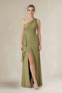 Moss Green One-Shoulder Sheath Ruched Ruffled Bridesmaid Dress in Moss Green | KISSBRIDAL