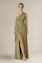 Moss Green One-Shoulder Sheath Ruched Ruffled Bridesmaid Dress in Moss Green | KISSBRIDAL