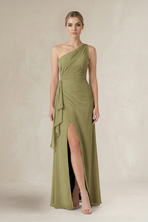 Moss Green One-Shoulder Sheath Ruched Ruffled Bridesmaid Dress in Moss Green | KISSBRIDAL