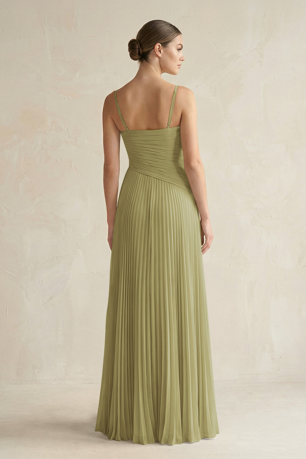 Pleated A-Line Long Chiffon Bridesmaid Dress in Moss Green