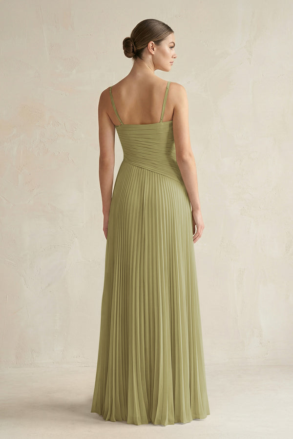 Moss Green Pleated A-Line Long Chiffon Bridesmaid Dress (2) | KISSBRIDAL