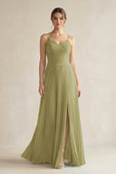 Moss Green Pleated A-Line Long Chiffon Bridesmaid Dress | KISSBRIDAL