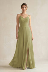 Moss Green Pleated A-Line Long Chiffon Bridesmaid Dress | KISSBRIDAL
